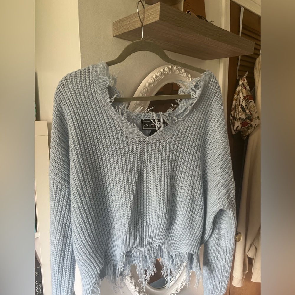Polly&Esther Knit Fringe Sweater, Size Medium, Light Blue